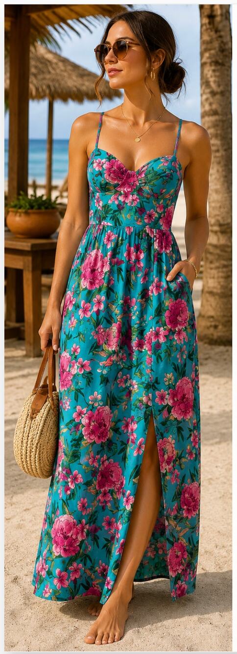 Band of the Free Tropical Floral Maxi Dress Pink Blue Boho Resort Medium
